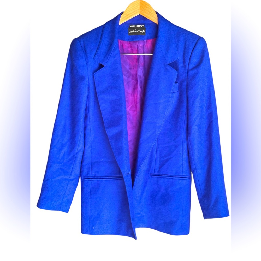 Vintage Electric Blue Wool Blazer Y2K Statement Jacket Purple Lining Women 8
